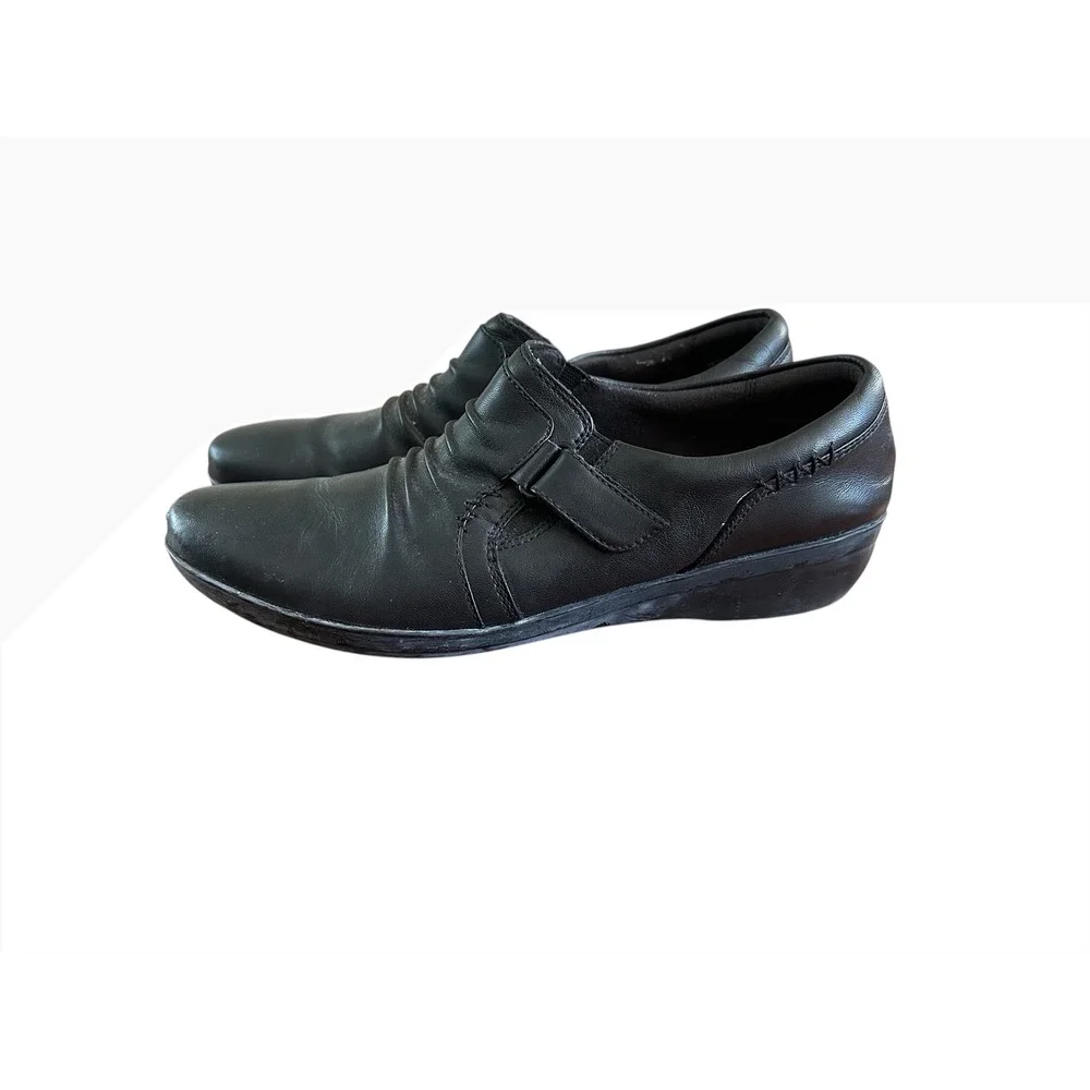 Clarks Everlay Coda Black Leather Ruched Slip On Loafers Womens 9 W Cushion Soft